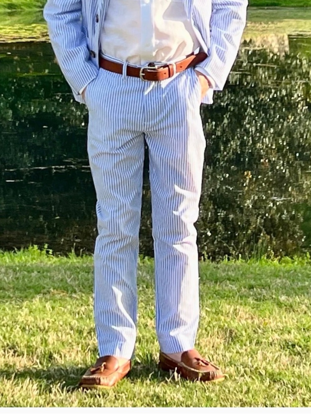 Boys Light Blue Striped Seersucker Dress Pants - Classic Formal Bottoms